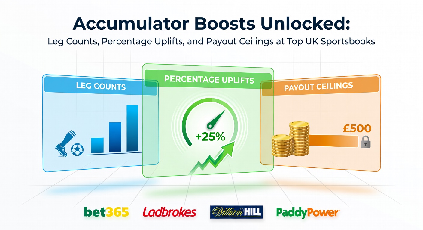 Colourful infographic displaying accumulator bet structures with leg counts, boost percentages, and payout caps across major UK sportsbooks, highlighting key offers visually