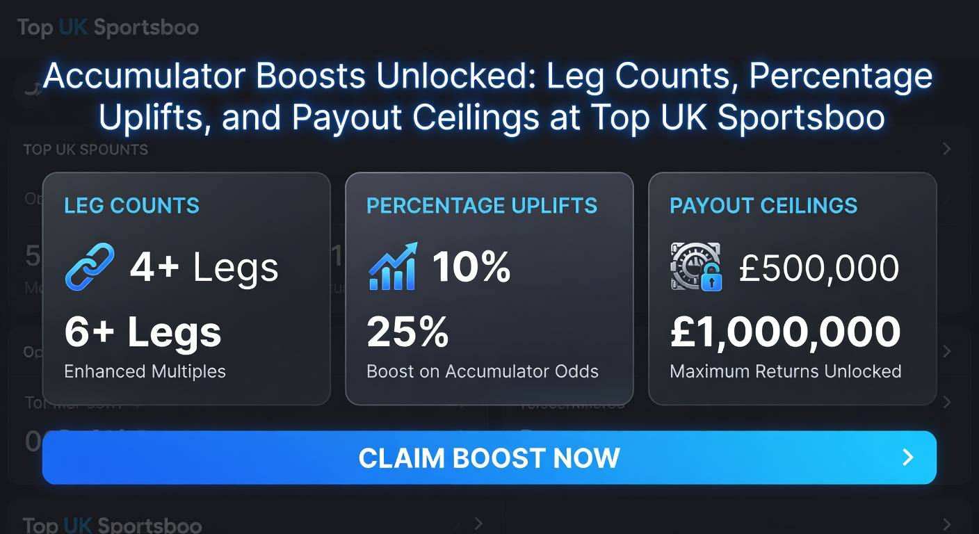 Detailed comparison chart of accumulator boost offers from Bet365, William Hill, Paddy Power, and others, with bars showing uplift percentages by leg count and icons for payout limits