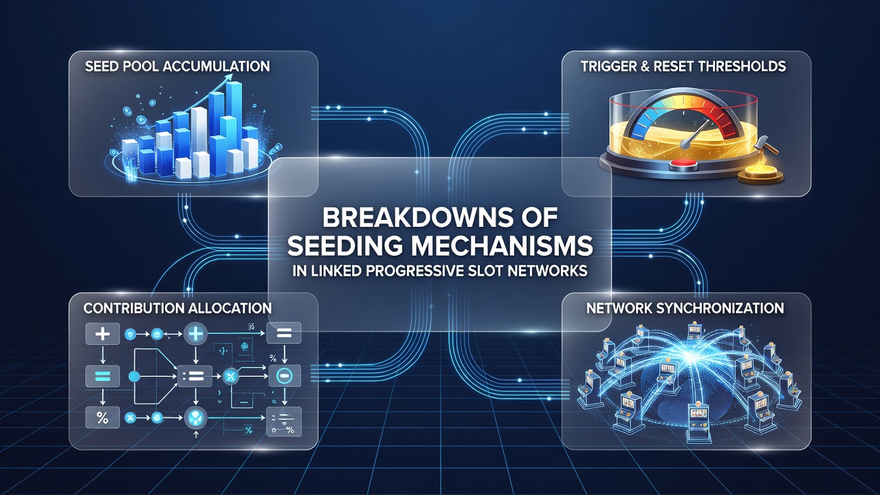 Network diagram showing interconnected slot machines with progressive jackpot seeding flows across multiple sites