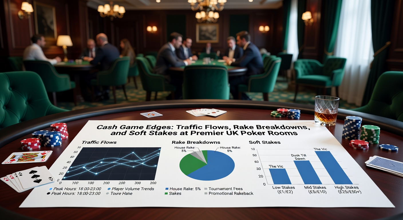 Vibrant cash game action at a bustling UK poker room with players deeply focused around felt tables under casino lights