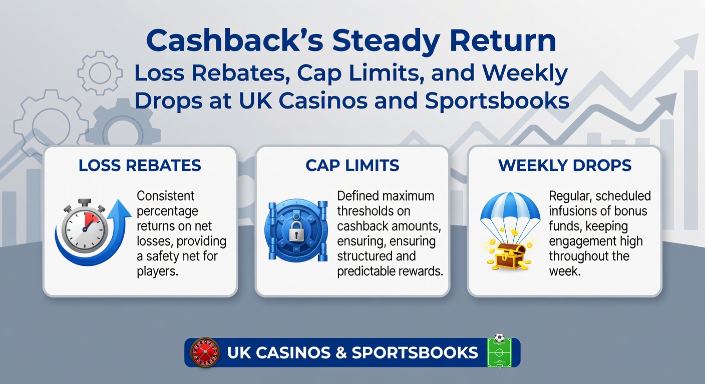 Infographic illustrating cashback rebates flowing back to players at UK online casinos and sportsbooks, with icons for losses, percentages, and weekly payouts