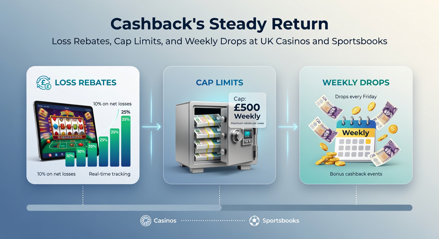 Chart displaying typical cashback cap limits and weekly drop schedules at leading UK sportsbooks, highlighting percentage rebates and payout examples
