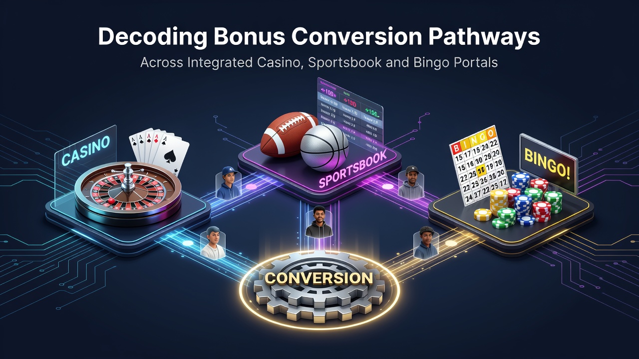 Integrated gaming platform interface showing casino, sportsbook, and bingo sections with bonus indicators