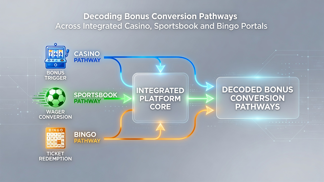 Flowchart diagram illustrating bonus conversion steps between casino slots, sports bets, and bingo rooms
