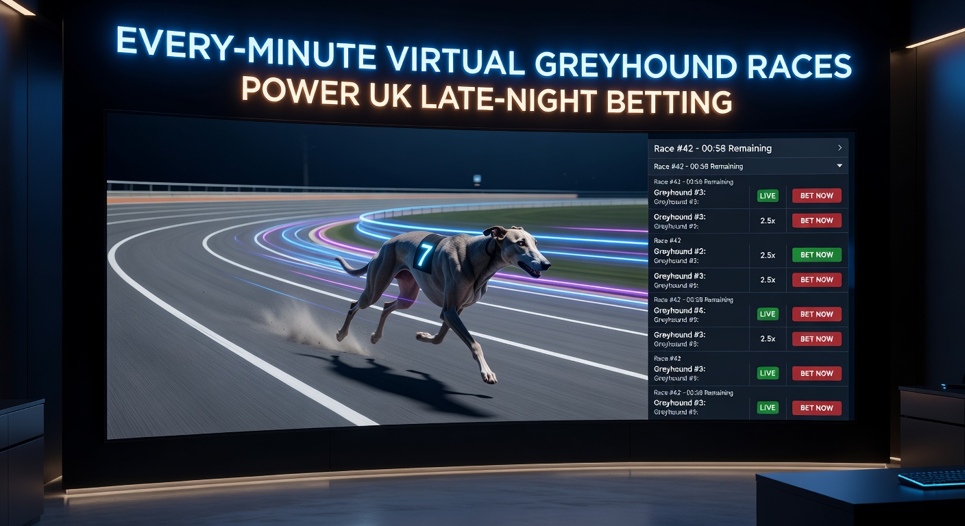 Animated virtual greyhound race in progress, with dogs sprinting around a digital track under bright lights, capturing the high-speed thrill of every-minute betting action