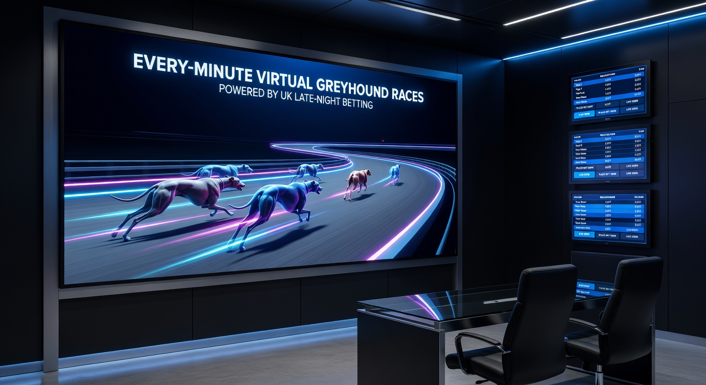 Close-up of a virtual betting interface showing every-minute greyhound odds, trap positions, and live race countdown, illustrating the non-stop late-night wagering options available to UK players