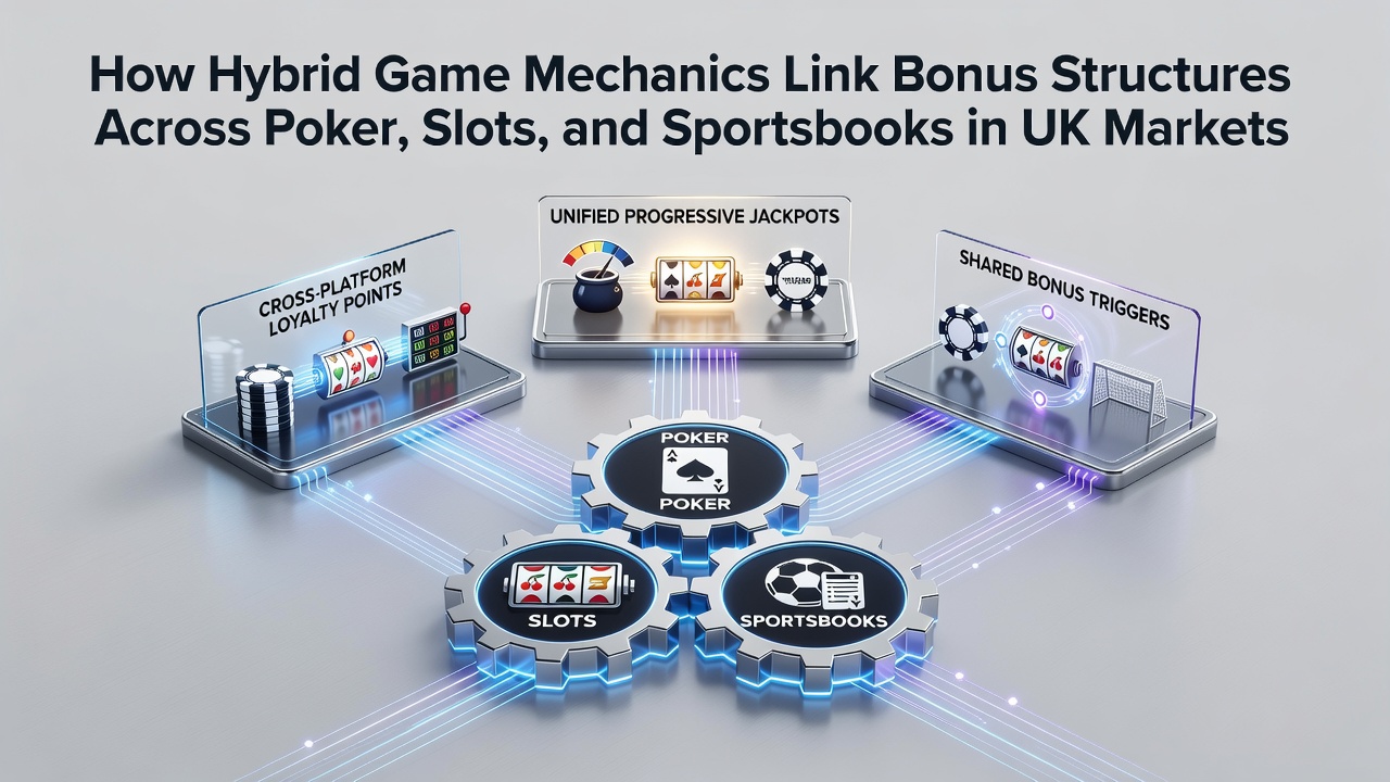 Illustration of interconnected hybrid game interfaces showing poker tables slots reels and sportsbook odds displays linked through shared bonus progress bars