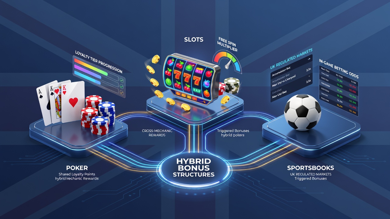 Diagram displaying data flows between poker slots and sportsbook modules with arrows indicating shared bonus point transfers and redemption paths