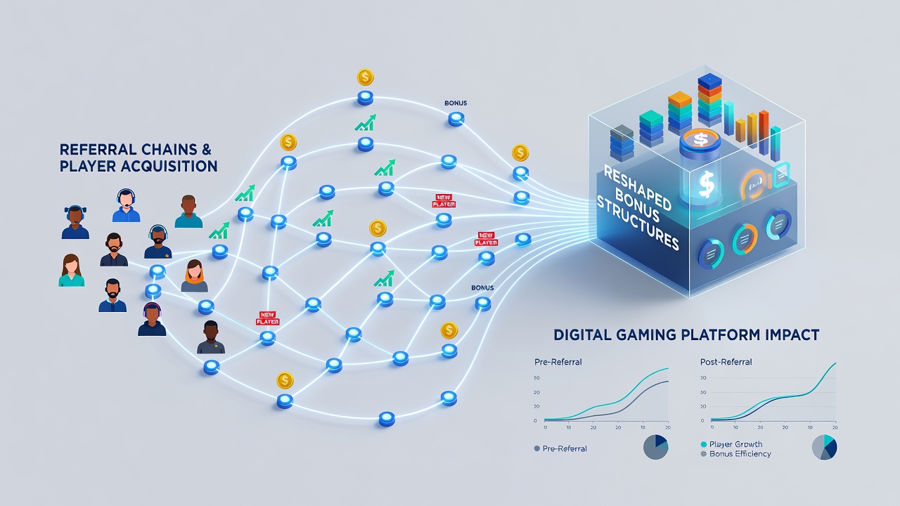 Data visualization of player acquisition trends influenced by referral chains on gaming platforms