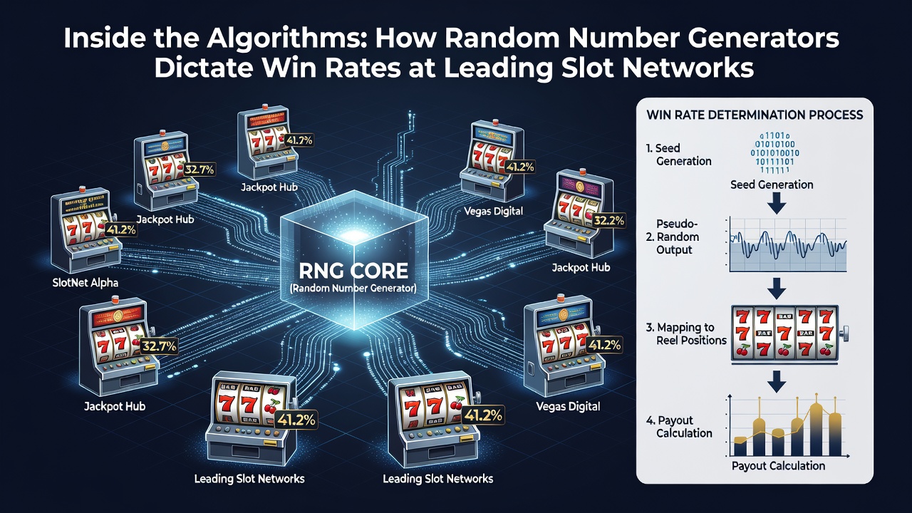 Infographic showing RTP calibration and win rate distribution across multiple slot networks