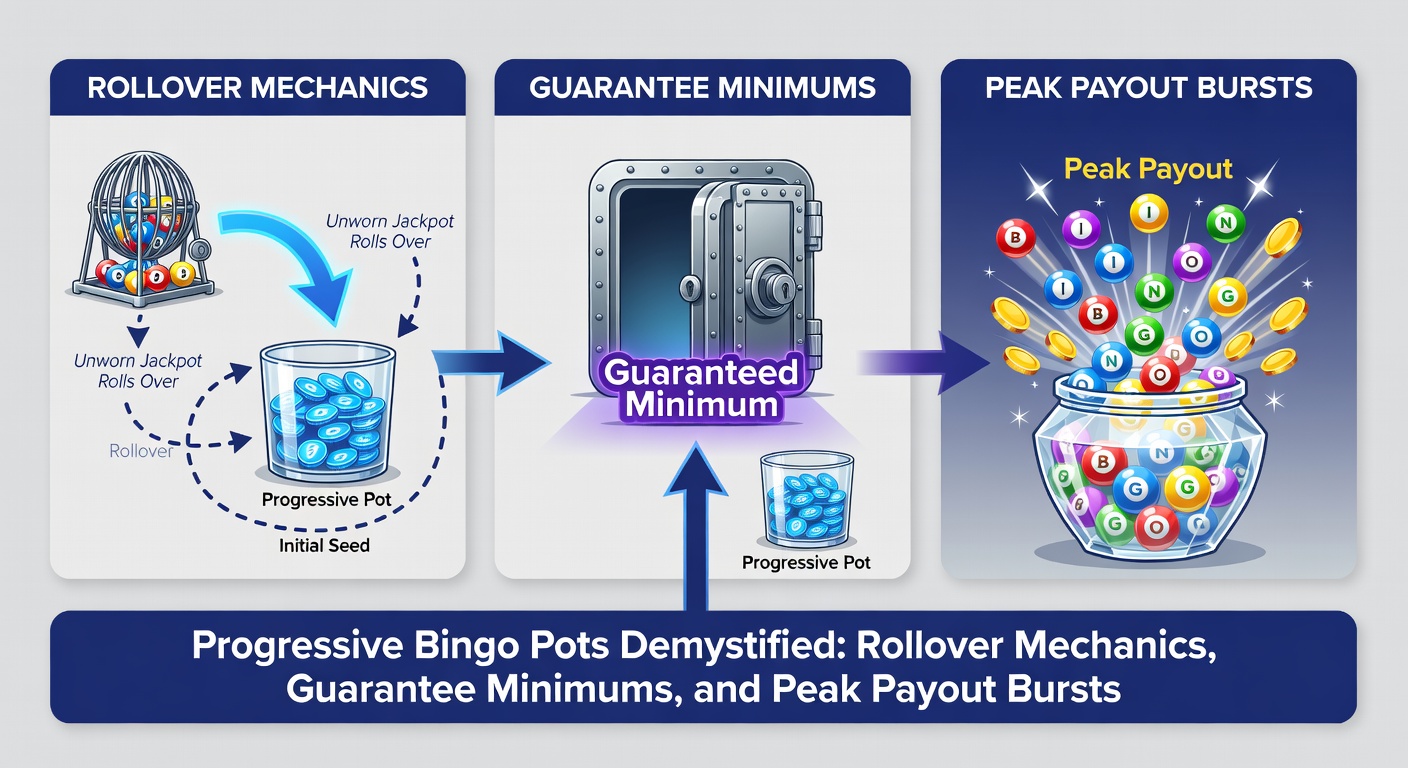Close-up of a bingo pot display hitting a guaranteed minimum threshold, with ticket sales contributions visualized as stacking coins