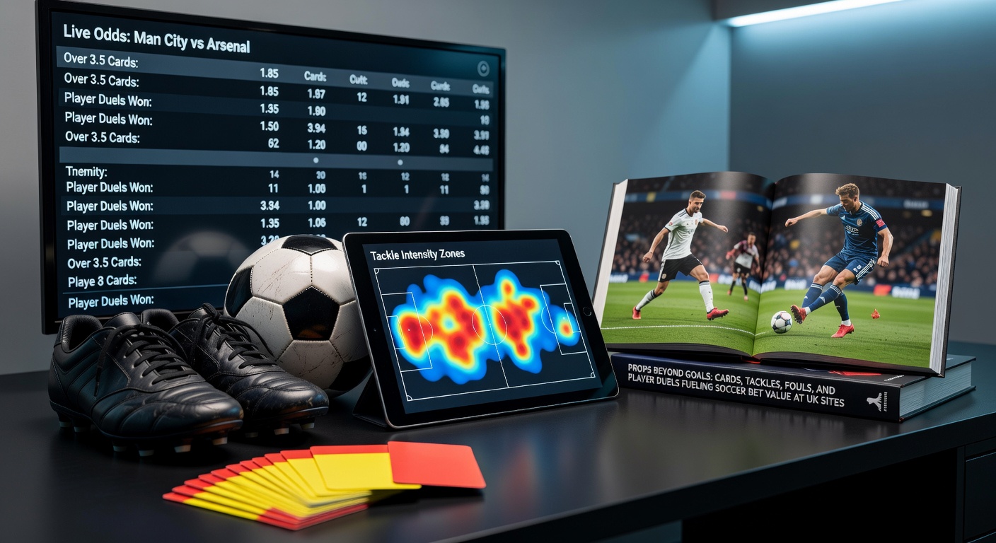 Close-up of soccer player winning a duel, tackling opponent, with fouls and cards in the background, representing key prop bet elements