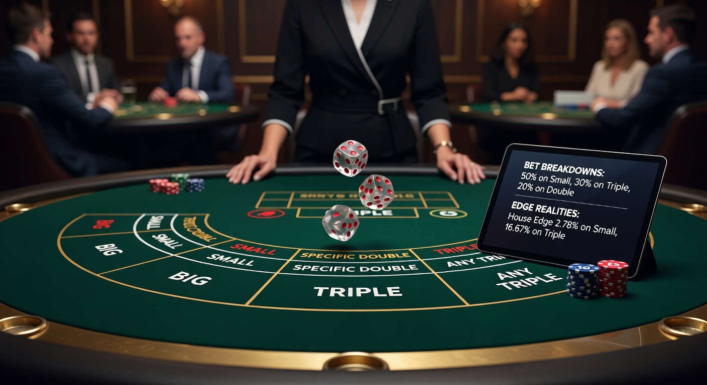 Vibrant Sic Bo table setup in a bustling UK live casino stream, featuring three dice shakers and digital bet layouts glowing under studio lights