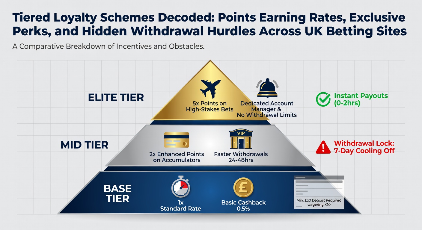 Graphic illustrating tiered loyalty pyramid with points accumulation leading to VIP perks on UK betting platforms