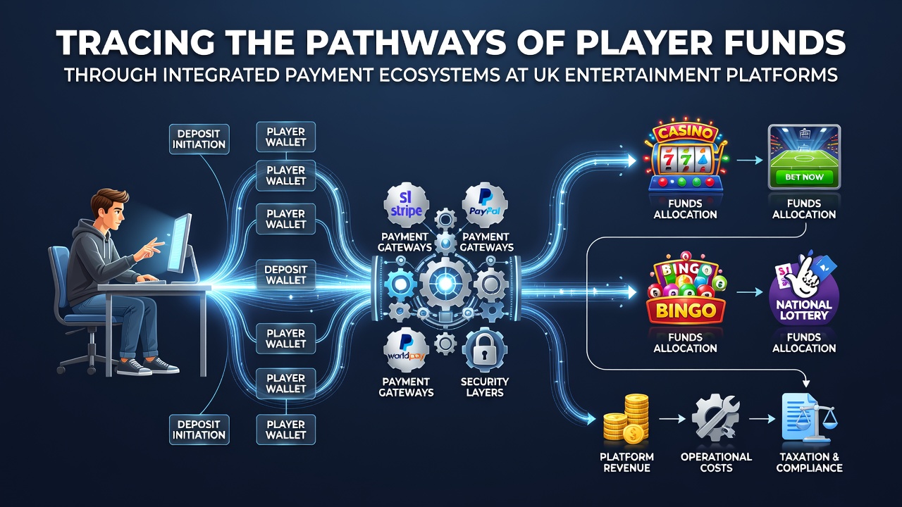 Diagram showing the flow of player funds through various payment gateways and banking systems at UK entertainment platforms