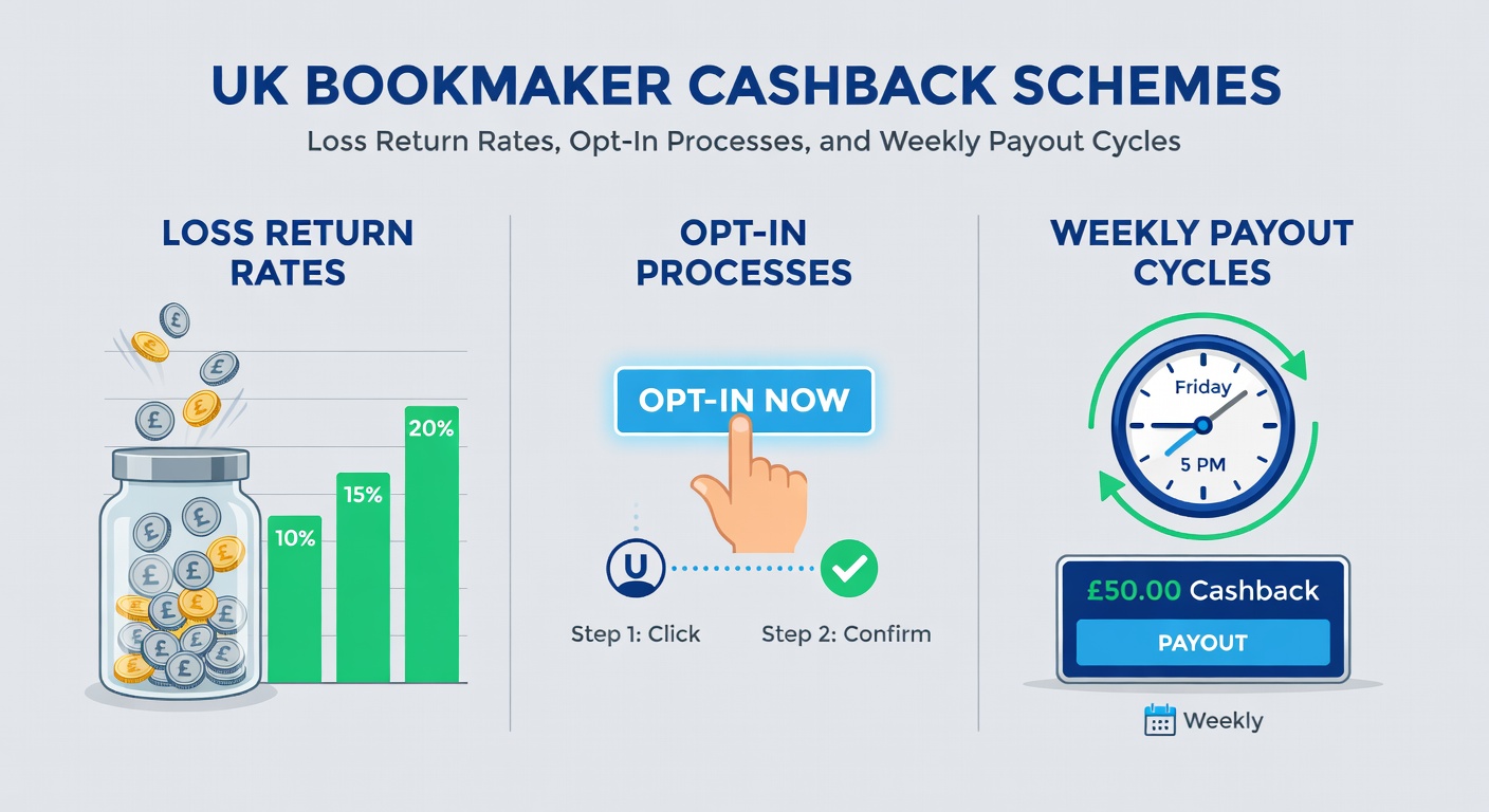 Screenshot of a UK bookmaker's cashback promotion dashboard showing loss rebates and opt-in button