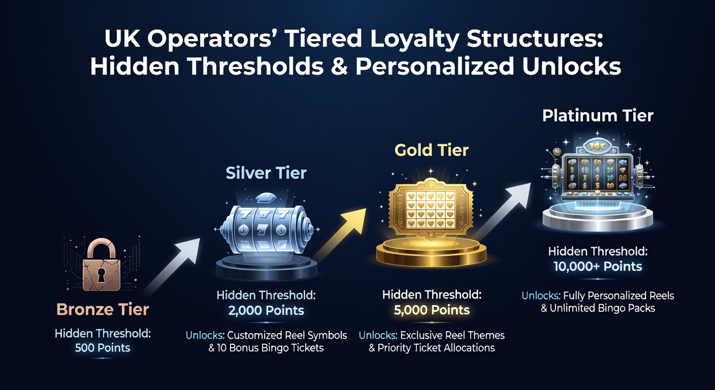 UK gambling loyalty program tiers displayed on a casino app interface with slot and bingo elements