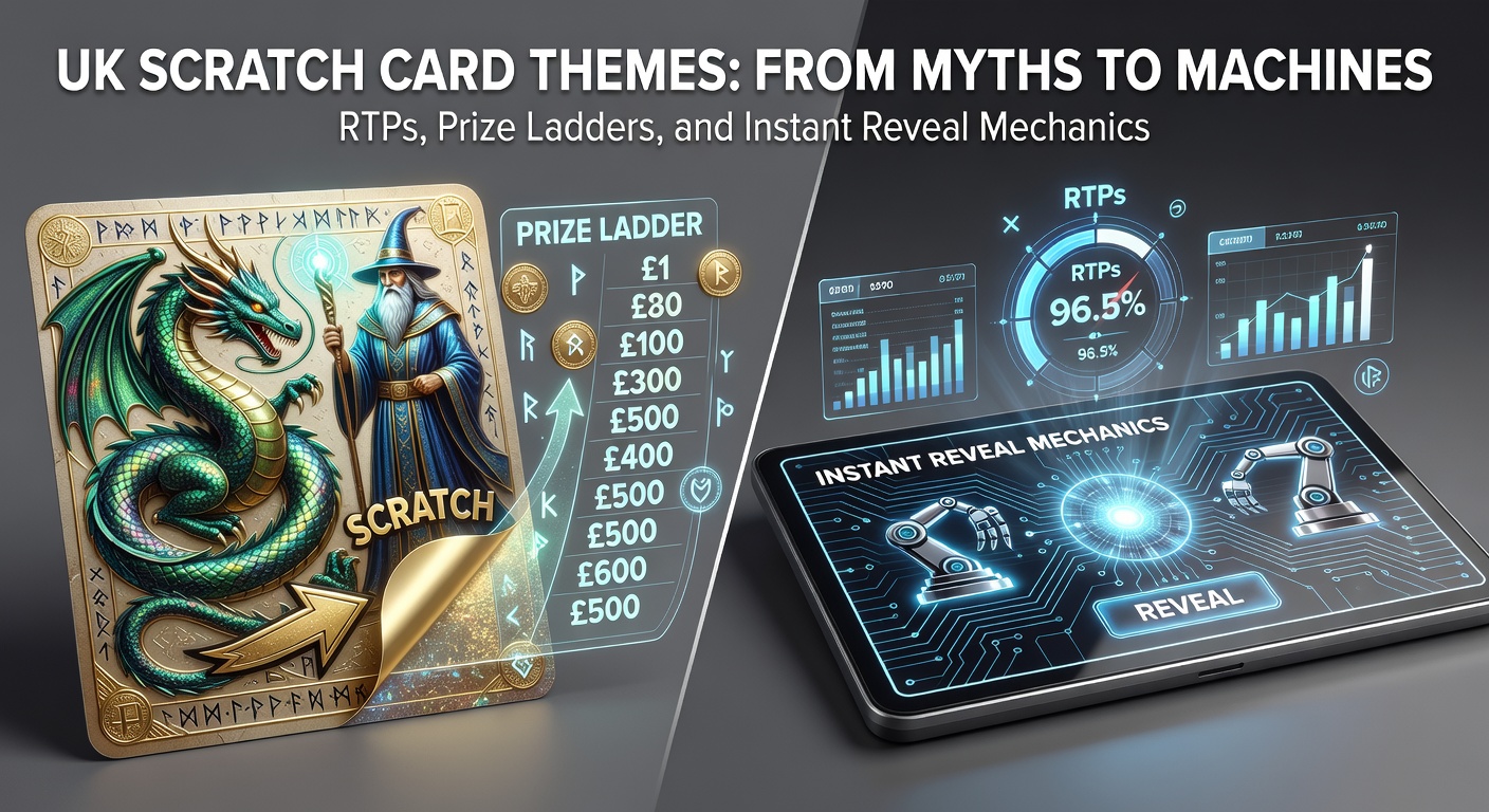Classic UK scratch card featuring mythical leprechaun and treasure chest designs under shimmering gold foil