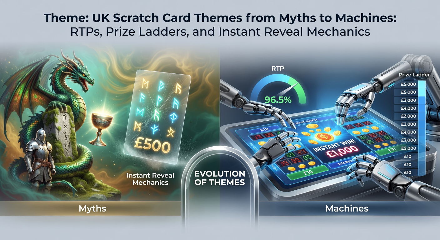 Modern digital scratch card interface displaying mechanical gears and mythical symbols in a prize ladder progression