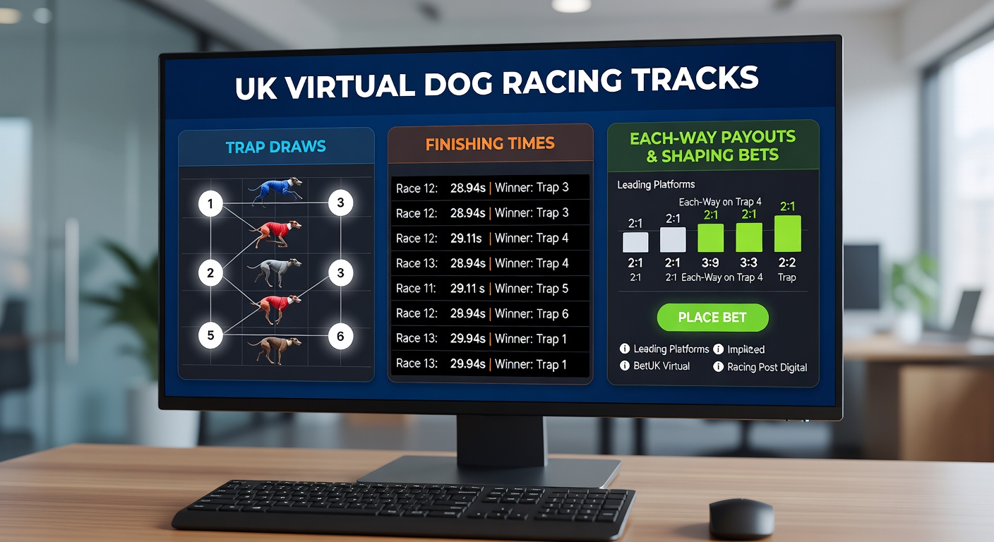 Animated virtual greyhound race starting from traps at a simulated UK track, showing dogs bursting out in a blur of motion