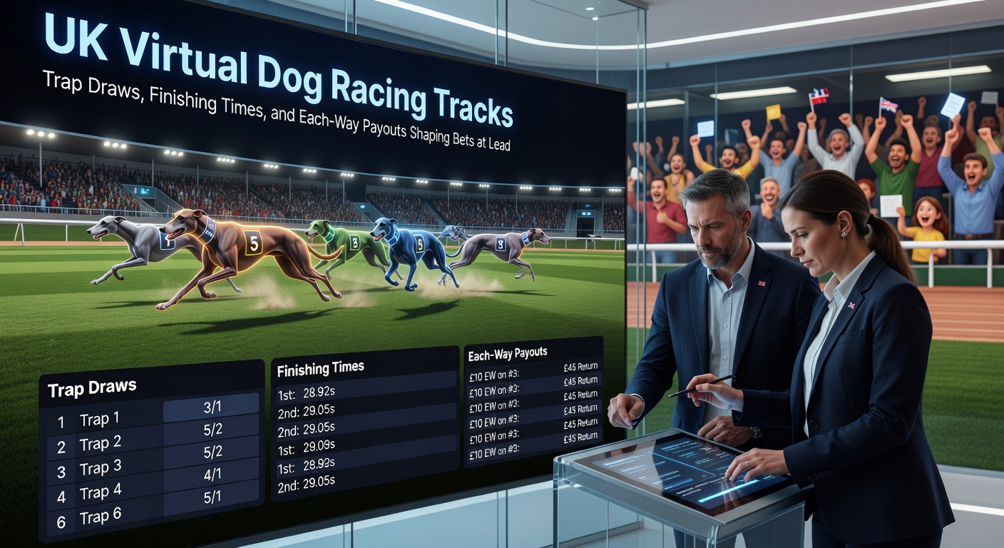 Close-up of virtual greyhound race finish line, timer frozen at 29.45 seconds with dogs neck-and-neck