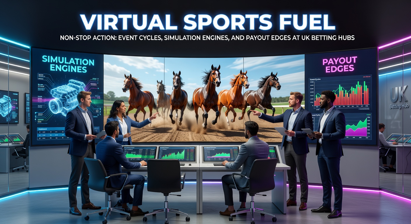Dynamic screenshot of a virtual sports betting interface displaying a simulated horse race in progress at a UK bookmaker, with live odds updating in real-time